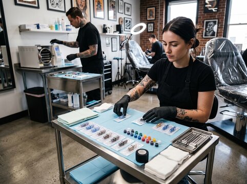 Female tattoo artist preparing equipment in a professional studio