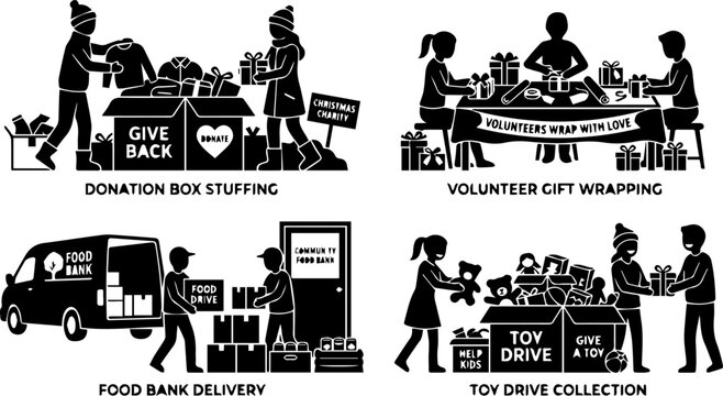 Community Volunteer Silhouette Set, People Box Stuffing and Toy Drive Charity Donation Illustration