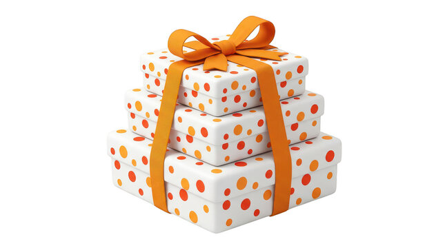 A stack of three white gift boxes with orange and red polka dot patterns and an orange ribbon bow presented as isolated on transparent background
