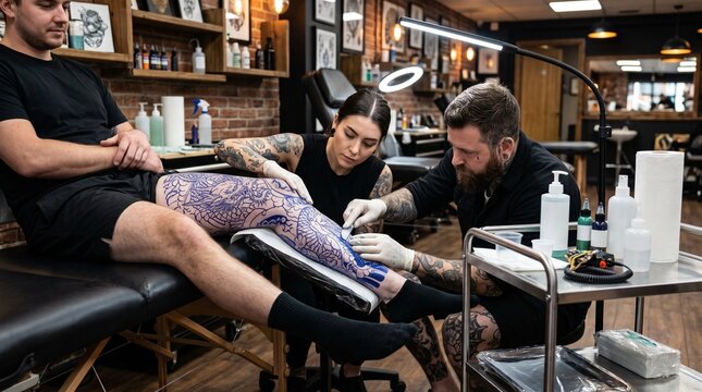 Two professional tattoo artists working on a large leg tattoo