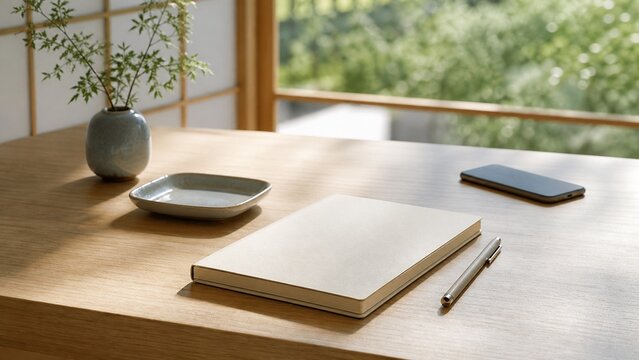 明るい木の机に手帳とスマートフォンとペンを置いた風景