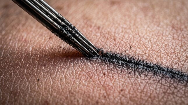 Macro View of Tattoo Needles Applying Black Ink to Skin