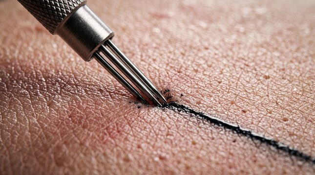 Macro Close Up of Tattoo Needles Piercing Skin with Ink