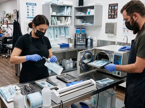 Professionals Sterilizing Equipment Using An Autoclave In A Studio Lab
