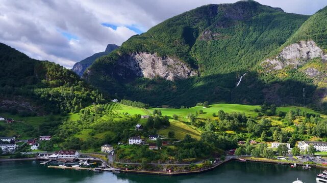 Drone view of Flam village in Norway, beautiful Scandinavian nature, travel in Scandinavia, tourist destination in Norway, famous Flam railway in Norway, Norwegian village near Bergen