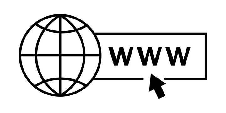 Black and white globe icon with www text and computer mouse cursor arrow symbol