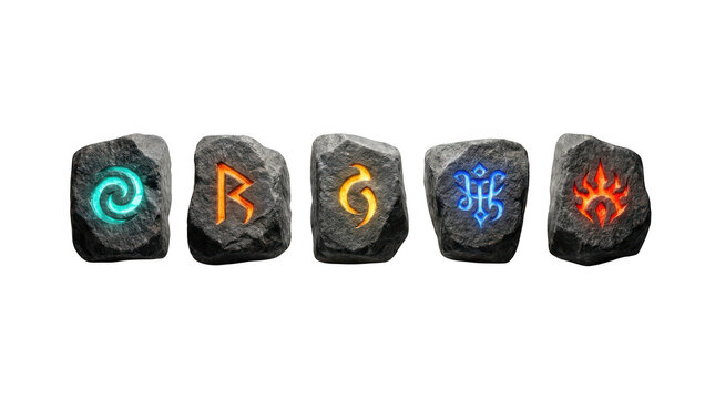 Five glowing magical runes carved into dark stone rocks isolated on transparent background
