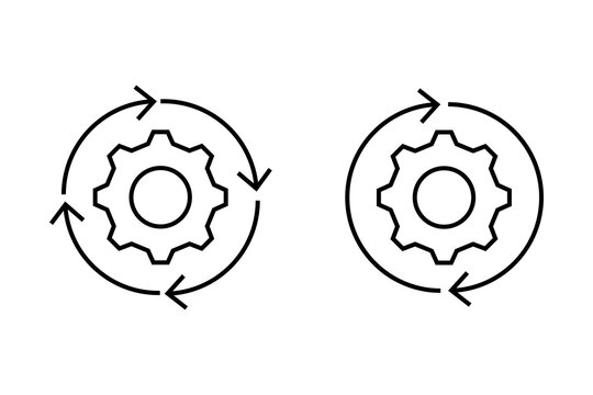 Black line icons of gear wheels with circular rotating arrows for process and settings concepts
