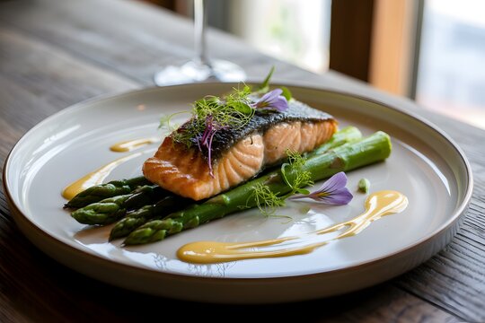 Grilled salmon fillet with asparagus spears and microgreens on a white ceramic