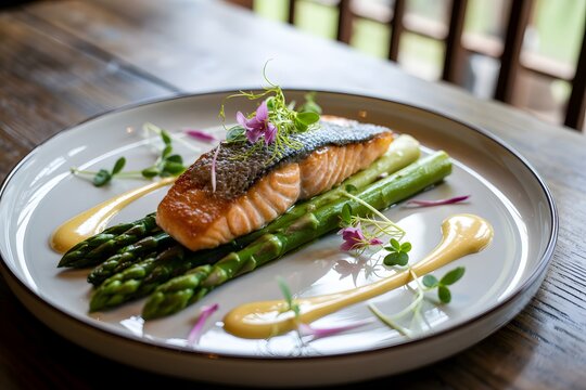 Grilled salmon fillet served on asparagus spears with sauce on a white plate