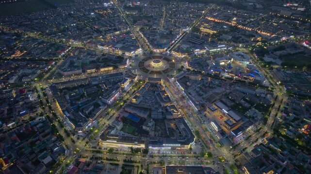 High-Angle Aerial Panoramic View of Tekes Bagua City Nightscape, Ili Unique Bagua I-Ching Geometric Structure, City Lights, Radial Street Network and Concentric Ring Roads in Xinjiang