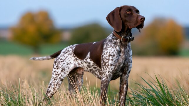 German shorthaired pointer standing in autumn field