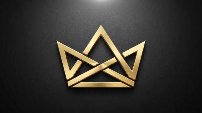 Golden geometric crown logo on dark textured background.