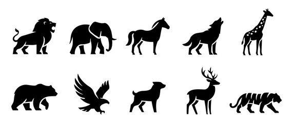Fototapeta premium Wild Animal Silhouette Icon Set Lion Elephant Horse Wolf Giraffe Bear Eagle Deer Tiger Vector