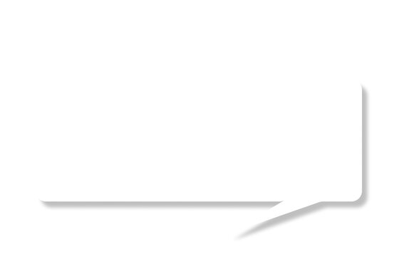 Minimalist white speech bubble with rounded corners and soft grey drop shadow on a clean white background, tail pointing toward the bottom right