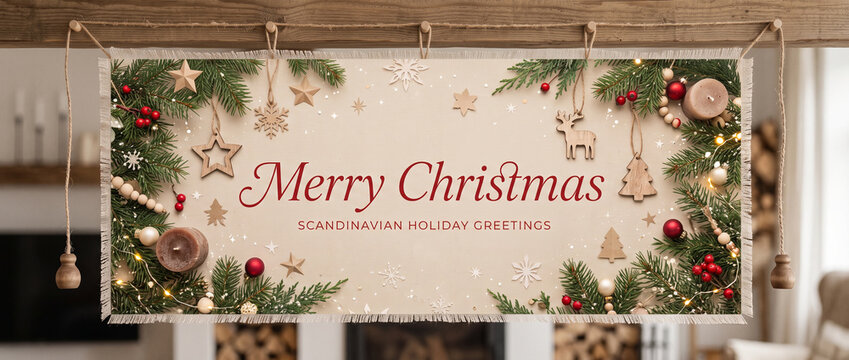 Merry Christmas social media cover banner website header design with fir branches ornaments and lights scandinavian holiday greetings.
