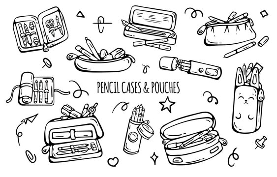 Black and white line art set of school pencil cases and pouches. Hand drawn doodle clip art isolated on white background.