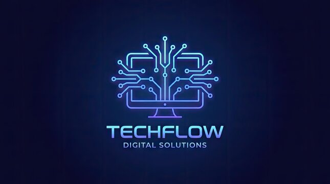 Techflow digital solutions glowing circuit board logo design.