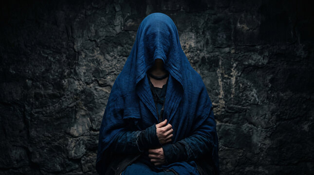 Woman wearing a traditional blue burqa standing against a dark background, symbolizing culture, identity, and the complex layers of tradition and privacy. Afghan culture, burqa por