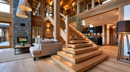 Naklejka premium Modern rustic chalet interior with wooden staircase and fireplace