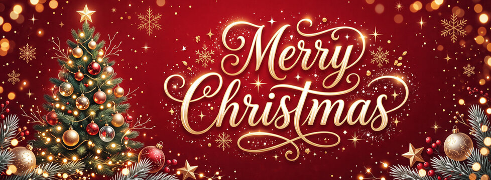 Rich red merry christmas banner with golden script lettering and decorated holiday tree featuring warm glowing lights star topper red baubles and golden snowflakes on sparkling background.