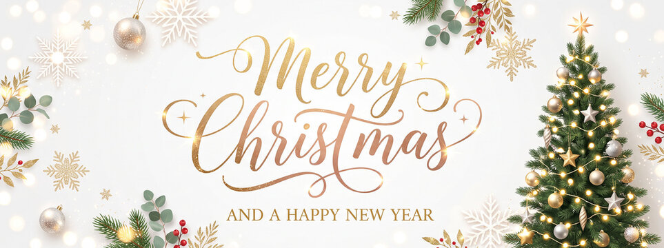 Merry Christmas social media cover banner website header design with gold calligraphy on white background featuring decorated tree with lights white snowflakes silver ornaments and green eucalyptus.