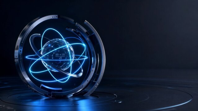 3D quantum computing qubit concept, crystalline central core with glowing laser rings on dark metallic background with copy space