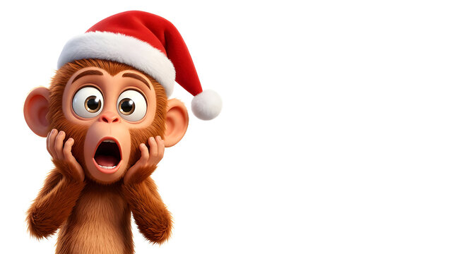 A funny cartoon Christmas monkey with huge wide-open sparkling eyes, raised eyebrows and dramatically surprised open mouth, red Santa hat tilted sideways, tiny paws lifted in shock, warm brown fur, 