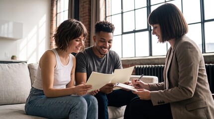 Fototapeta premium Professional financial consultant conducting personal budget training and consulting with a young diverse couple sitting on sofa at home, helping with mortgage, investment and tax planning.