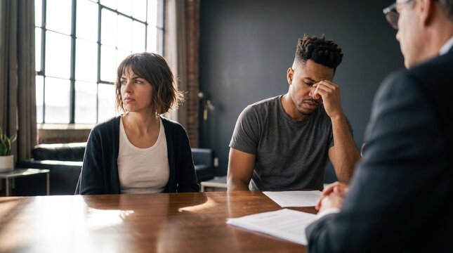 Stressed multiethnic couple dealing with tax debt crisis, bankruptcy notice or audit rejection meeting with lawyer financial agent sitting disappointed at corporate business desk office.