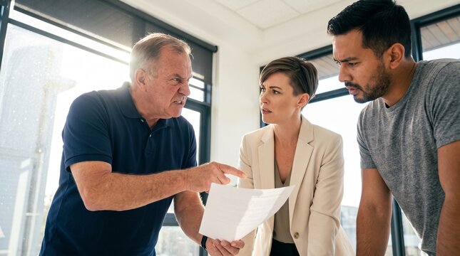 Angry senior client pointing at tax document during heated argument with professional financial advisors, questioning audit penalty fees and contract compliance in modern corporate office.