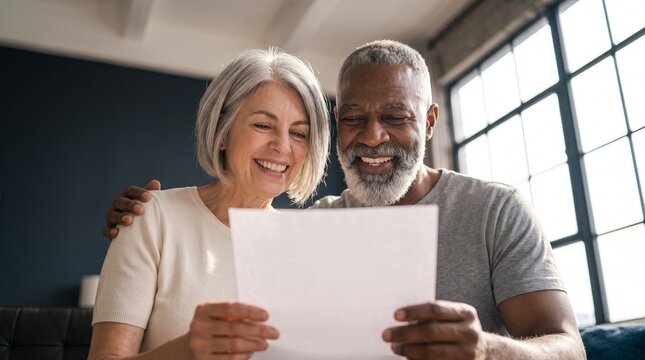 Happy senior multiethnic couple reading positive mortgage approval letter or retirement pension statement document at home. Smiling elderly husband and wife reviewing tax return documents.