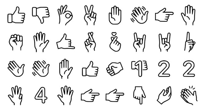 Communication hand sign thin line icon collection with gesture symbols editable vector