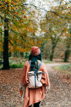 Back view Woman wrapped in warm Shawl Poncho enjoying autumn walk in forest with fallen leaves. Travel lifestyle. Feeling harmony, reunion with nature. Relaxing, personal fulfillment. Local travel.