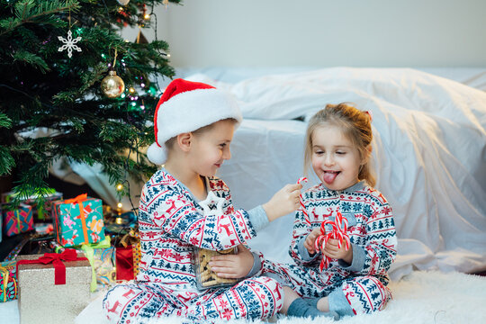 Children in festive pajamas eating Christmas candy canes from jar of holiday treats beside decorated Christmas tree during the festive season. Joyful siblings sit on cozy rug, enjoying festive sweets