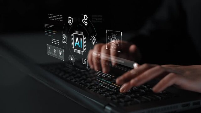 Hands Typing on Laptop with AI Technology Overlays, Futuristic Interface, Data Analysis, Digital Innovation, Cybersecurity Concepts, Virtual Workspace Gluon.