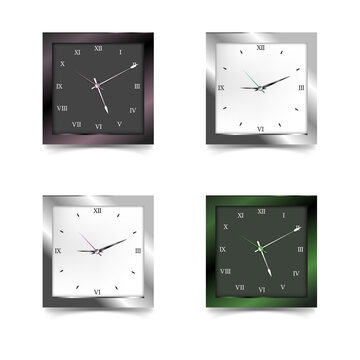 Four square wall clocks on transparent background