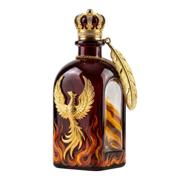 Luxury perfume bottle with a golden phoenix emblem, crown cap, and feather charm isolated on transparent background