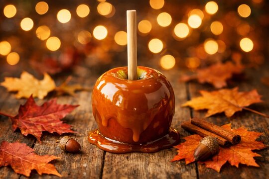 Caramel covered candy apple surrounded by autumn leaves and acorns for fall harvest poster and seasonal background with warm bokeh lights