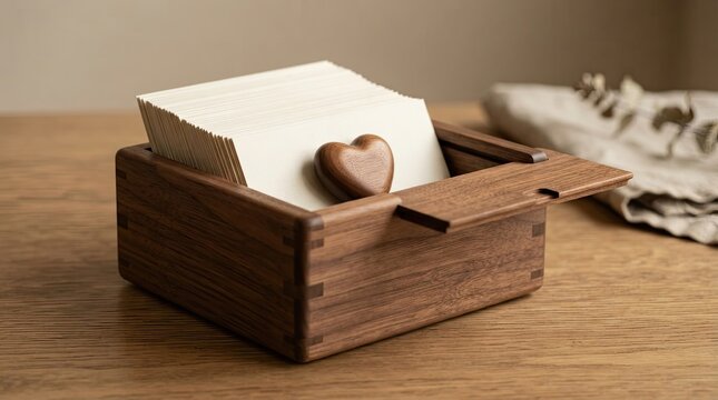 Wooden box with stack of blank cards and heart ornament