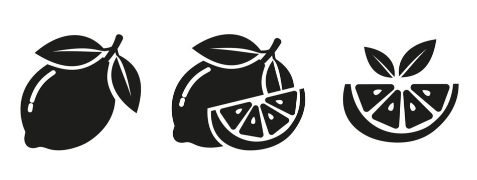 Black Lemon Fruit and Slice Silhouette Vector Set