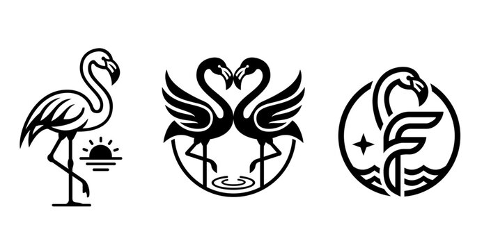Tropical Flamingo Birds and Love Vector Icon Set