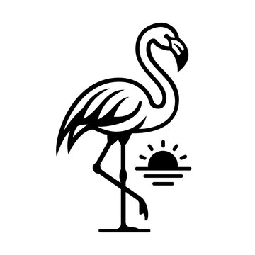 Flamingo Bird with Tropical Sunset Black Vector Icon