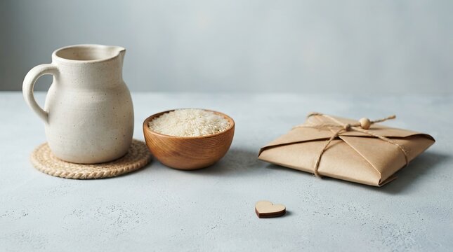 Rice in a wooden bowl with a pitcher and a wrapped gift