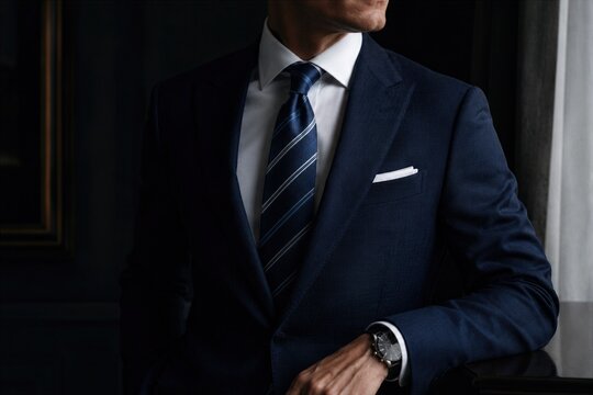 Elegant Businessman in Tailored Navy Suit and Tie Posing in Luxury Corporate Interior