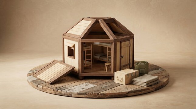 Miniature wooden cabin model with bunk beds and camping gear