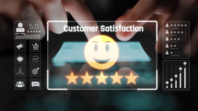 Customer feedback and satisfaction rating system showing star review, happy face, performance score, and service evaluation to improve customer experience Marrow