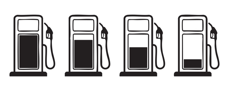Gas station fuel level indicator icons set showing different quantities from full to empty tankage.
