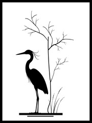 Naklejka premium Minimalist black silhouette wall art poster with a heron bird, bare tree, and reeds inside a framed border