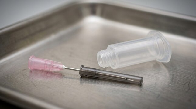 Blood Draw Needle with soft light along its hub &ndash; Macro Close-Up | Phlebotomy & Blood Draw Stock Photo, No People